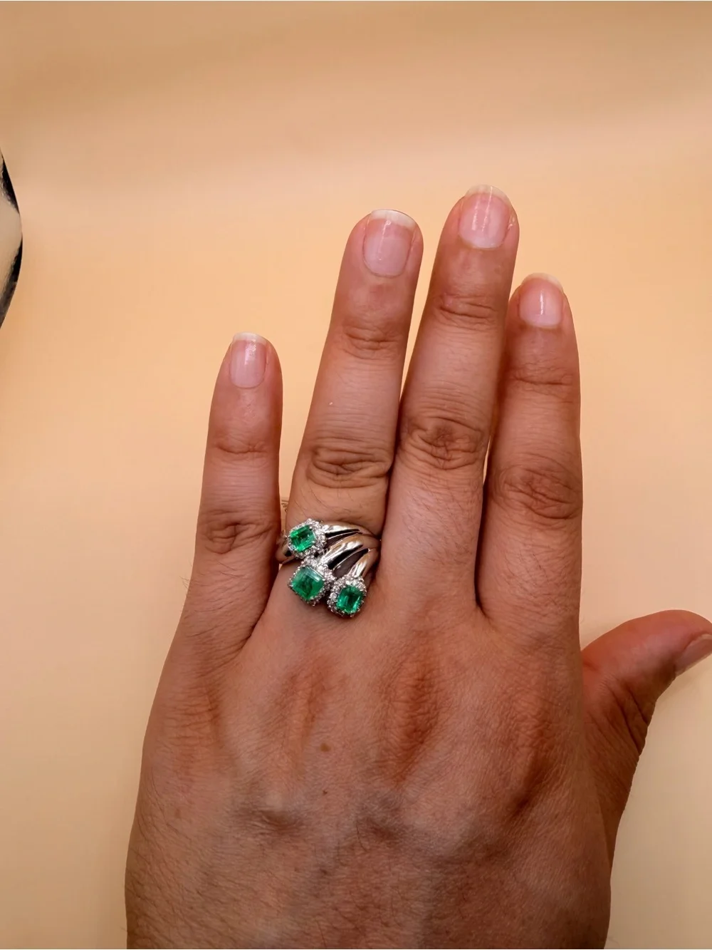 Vintage Platinum 900 Diamond & Colombian Emerald Ring Size 7.